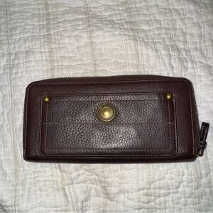 Coach Dark Brown Leather Wallet with Gold Button